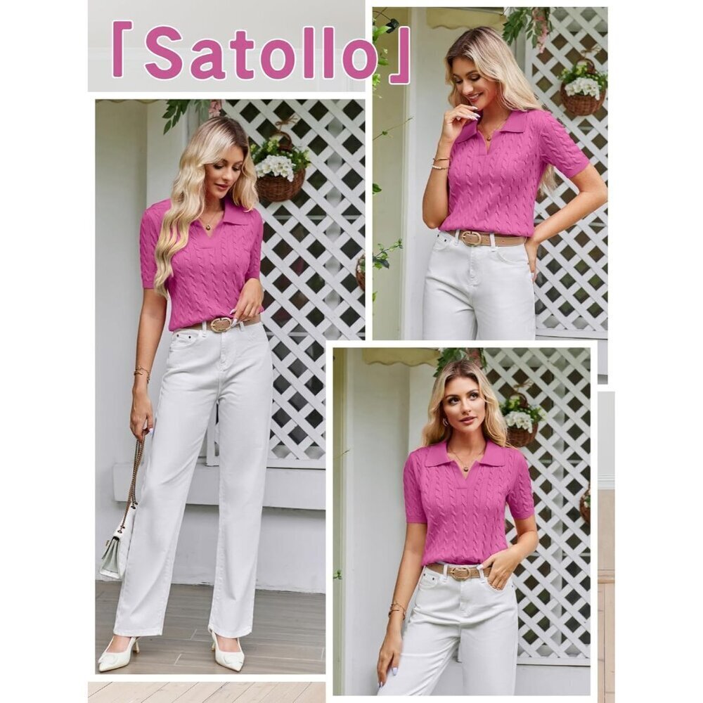 Womens Pink Short Sleeve Sweater Top Cable Knit Casual Summer V Neck Polo Shirts - Picture 5 of 6